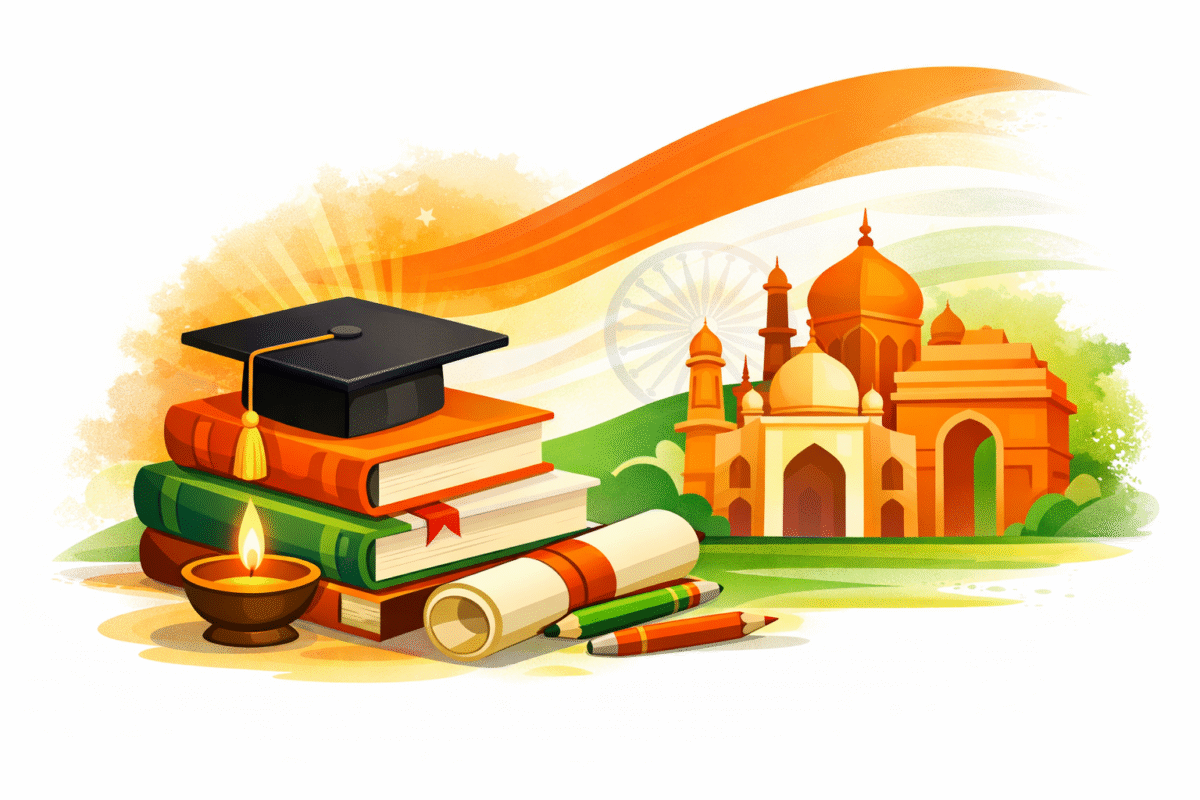 Illustration of Indian education with books, graduation cap, and Indian monument